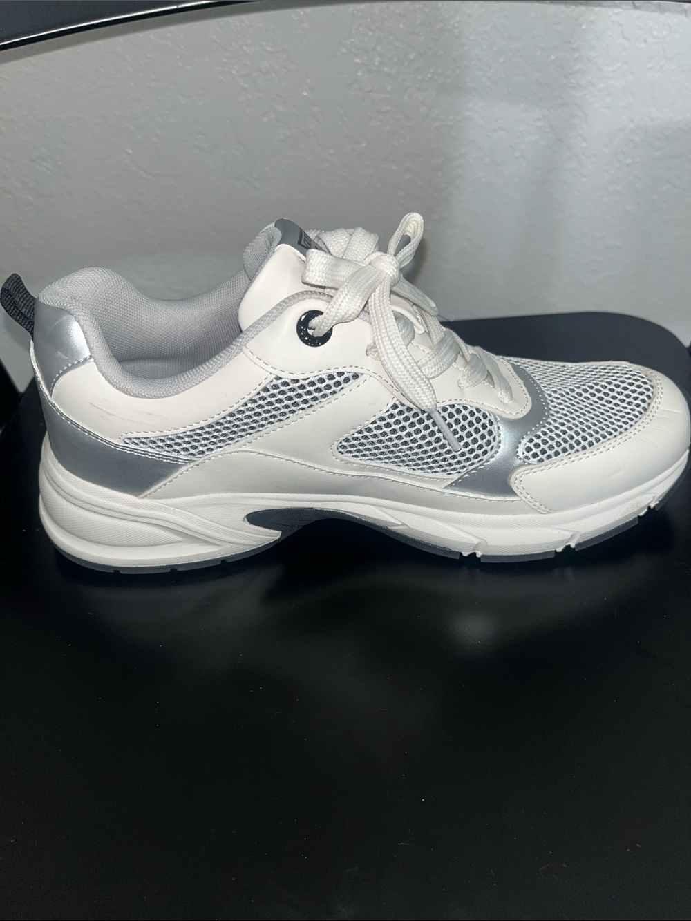 GUESS White and Silver Women's Chunky Lace-Up Sneakers - Picture 3 of 6